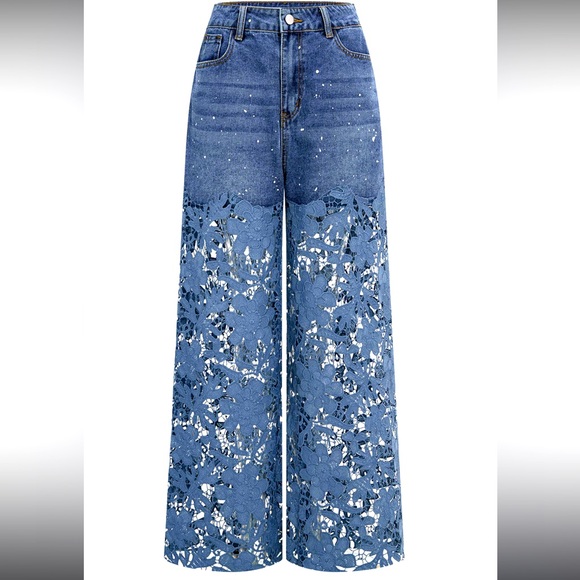 Micas: Lace cut out patchwork wide leg jeans - Picture 1 of 11